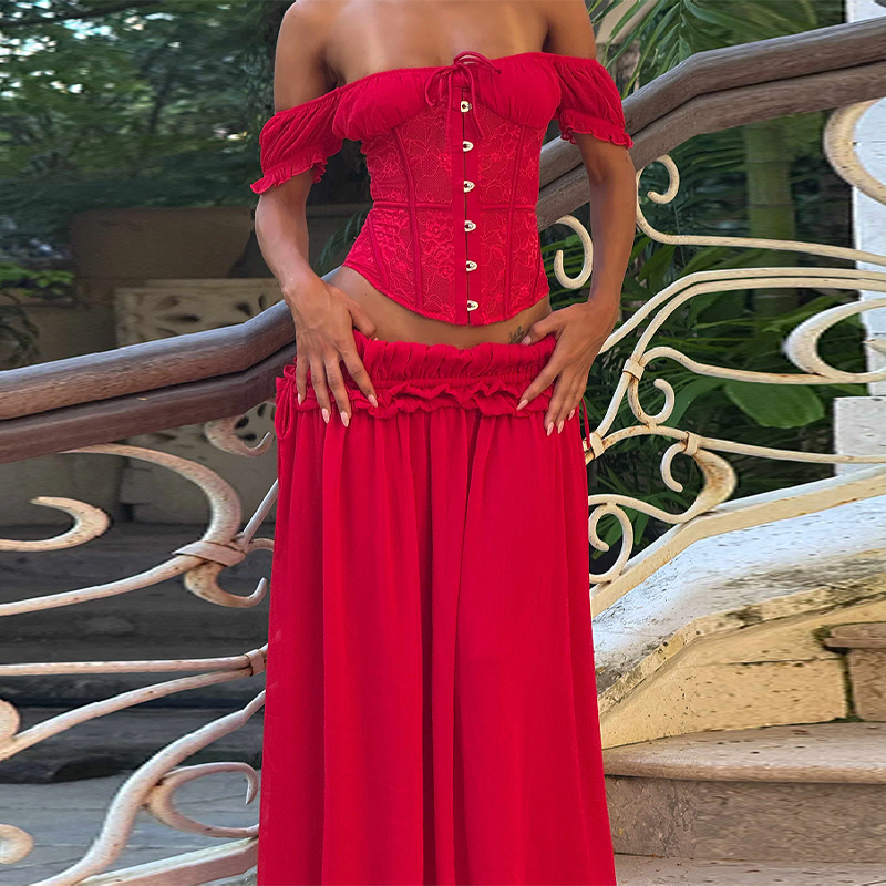 Chic Red Off Shoulder Corset T - Elastic Lace Trim review and price