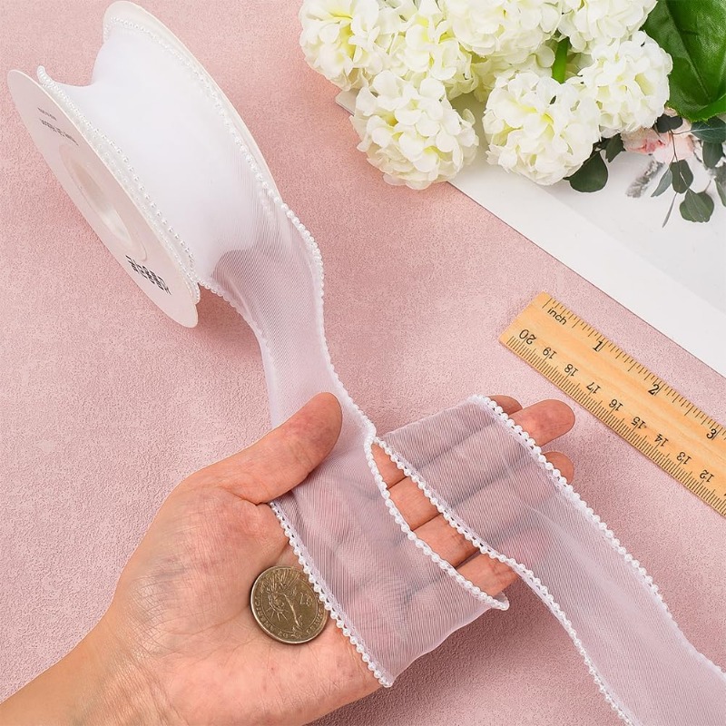 5 Yards White Faux Pearl Edge  - Organza Ribbon Spool review and price