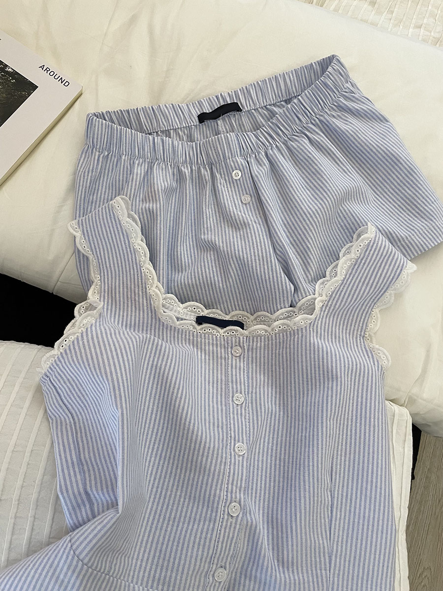 Blue Striped Shorts 2 Piece Se - Elastic Lace Trim review and price