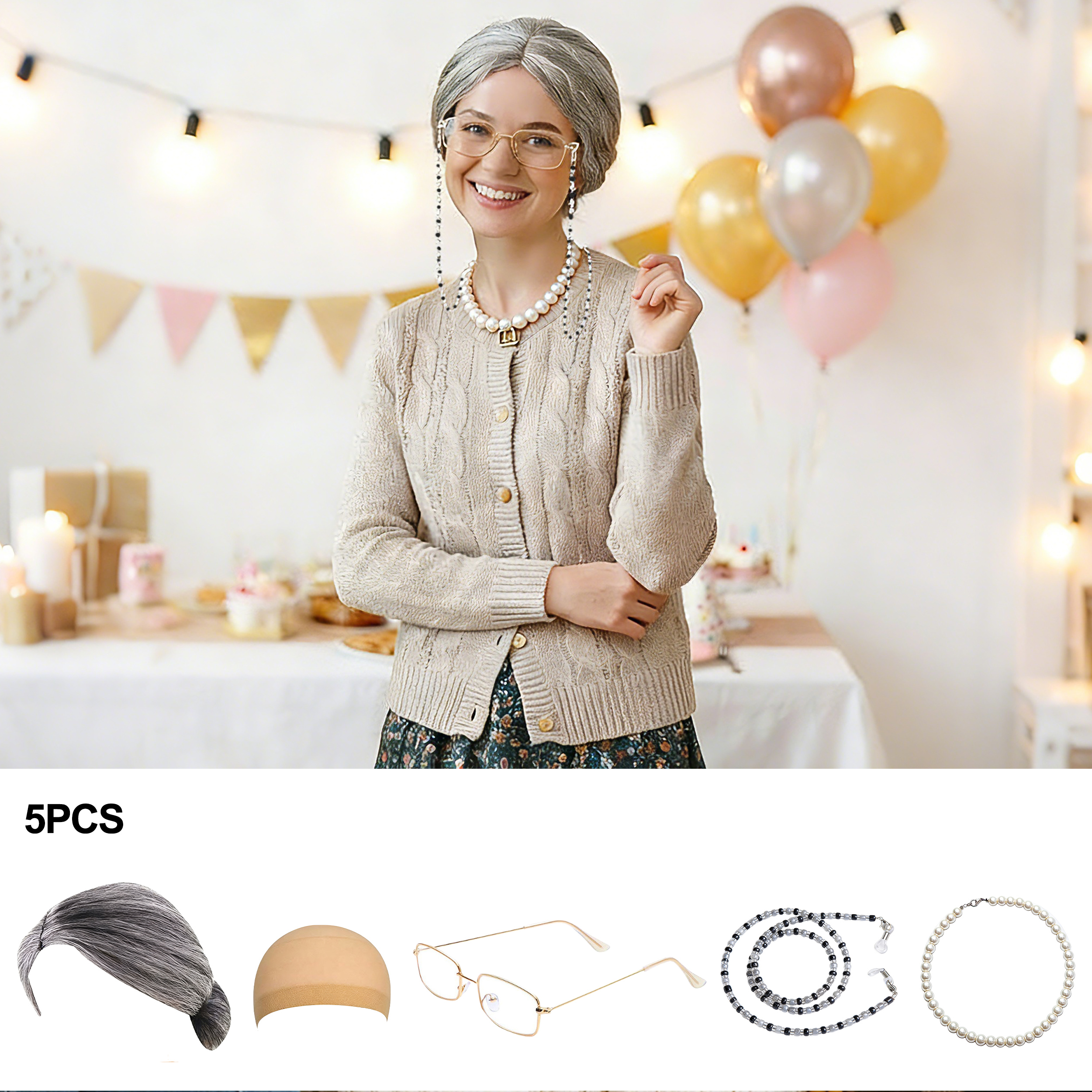 5Pcs Old Lady Costume Set Gran - Pearl Trim Chain review and price