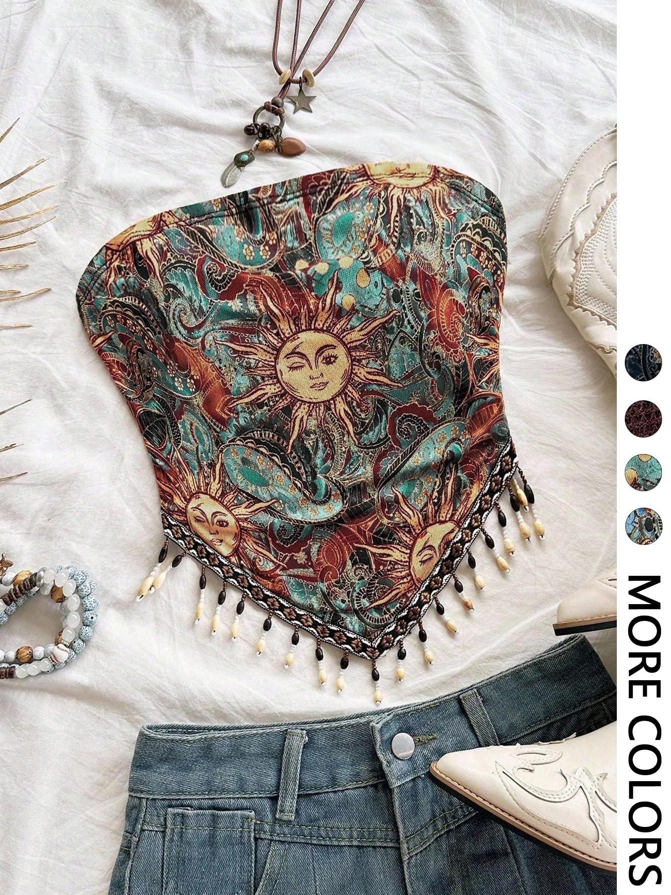 Ladies' 1pc Printed Mesh Knitt - Beaded Trim Fringe review and price