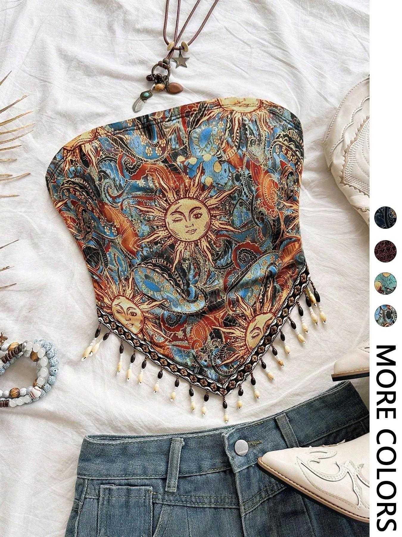 Ladies' 1pc Printed Mesh Knitt - Beaded Trim Fringe review and price