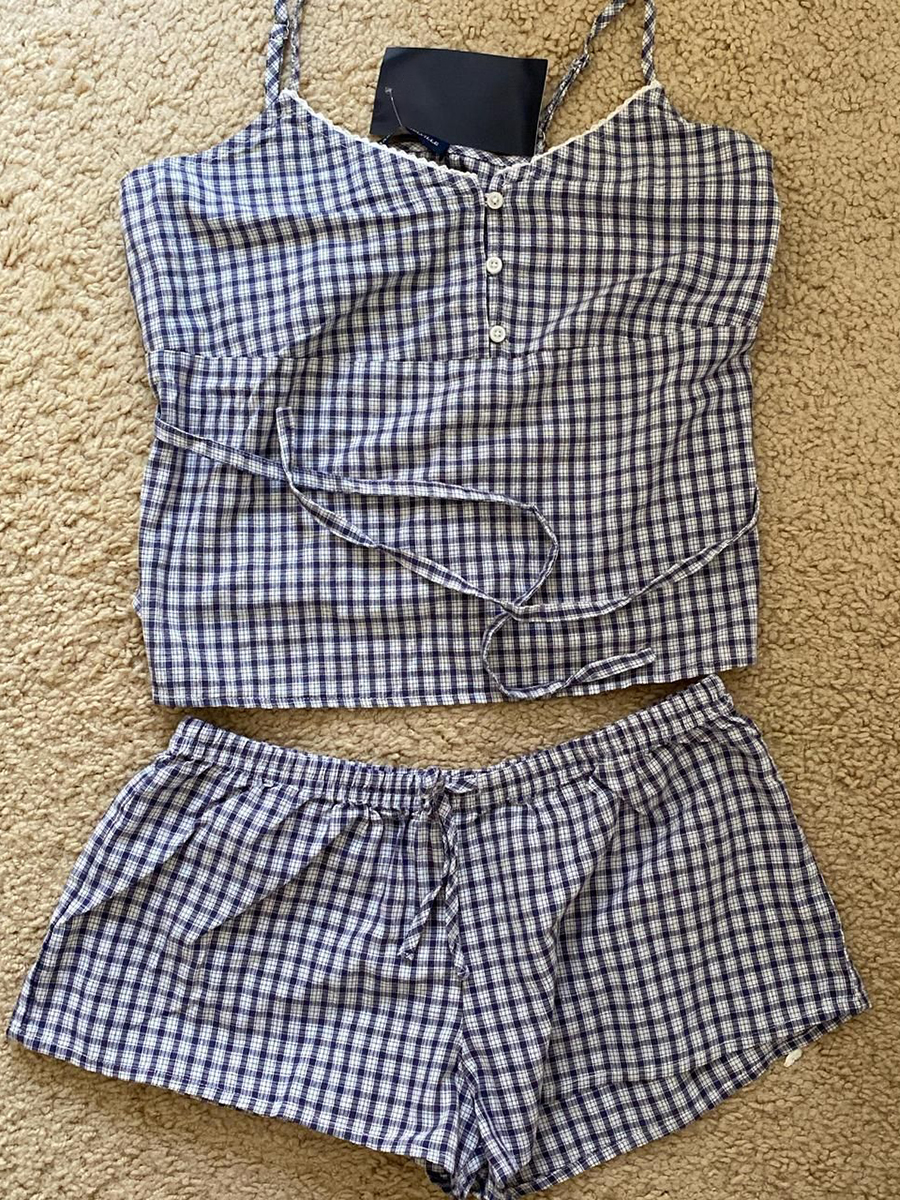 Navy Plaid Tank Shorts 2 Piece - Elastic Lace Trim review and price