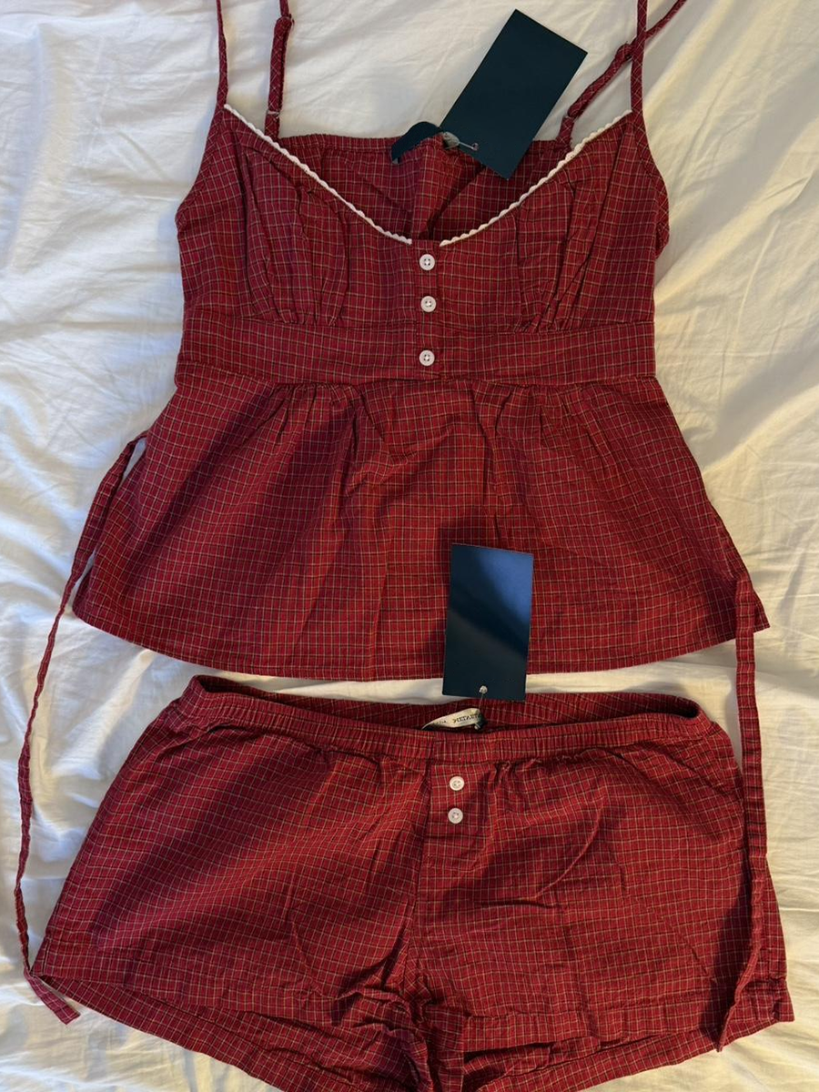 Red Plaid Buttons Tank Shorts  - Elastic Lace Trim review and price